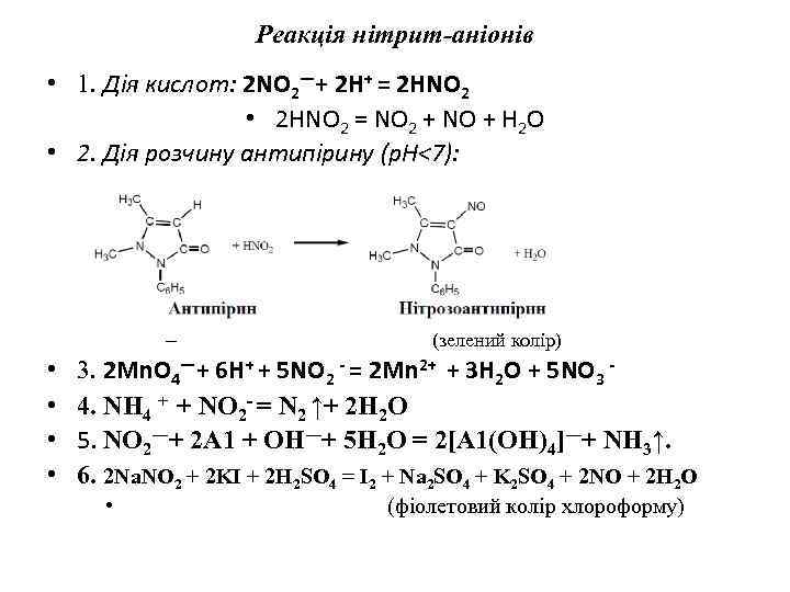 Реакція нітрит-аніонів • 1. Дія кислот: 2 NO 2―+ 2 H+ = 2 HNO