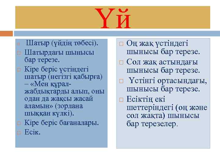 Үй Шатыр (үйдің төбесі). Шатырдағы шынысы бар терезе. Кіре беріс үстіндегі шатыр (негізгі қабырға)