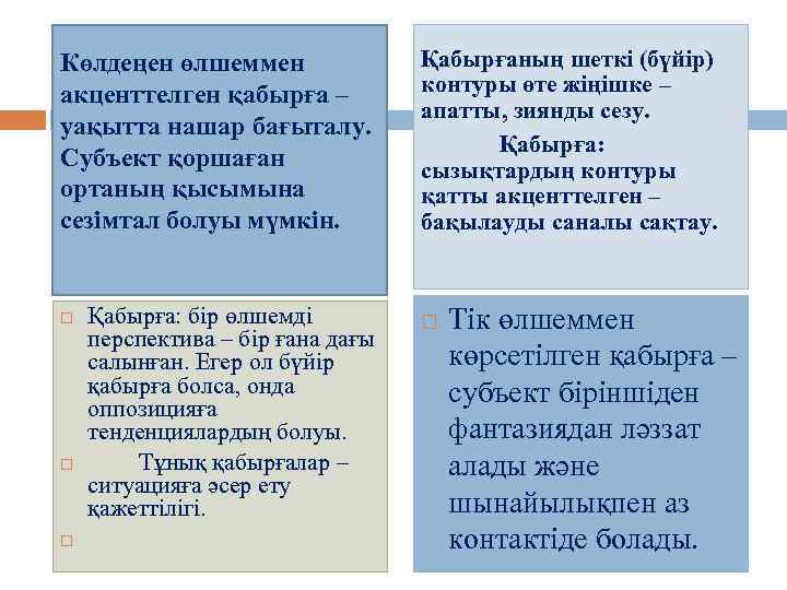 Көлдеңен өлшеммен акценттелген қабырға – уақытта нашар бағыталу. Субъект қоршаған ортаның қысымына сезімтал болуы