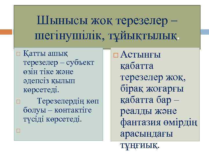 Шынысы жоқ терезелер – шегінушілік, тұйықтылық. Қатты ашық терезелер – субъект өзін тіке және