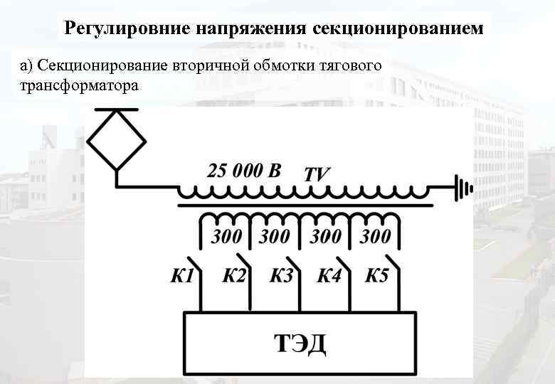 Регулировние напряжения секционированием а) Секционирование вторичной обмотки тягового трансформатора 
