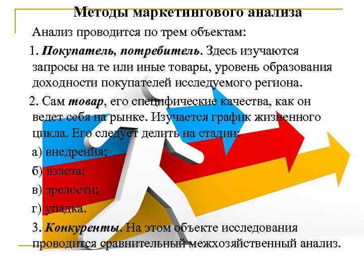 Методы маркетингового анализа Анализ проводится по трем объектам: 1. Покупатель, потребитель. Здесь изучаются запросы