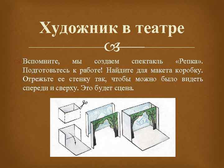 Художник в театре Вспомните, мы создаем спектакль «Репка» . Подготовьтесь к работе! Найдите для