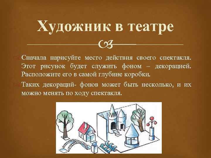 Художник в театре Сначала нарисуйте место действия своего спектакля. Этот рисунок будет служить фоном