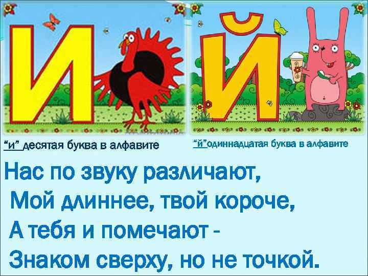 “и” десятая буква в алфавите “й”одиннадцатая буква в алфавите Нас по звуку различают, Мой