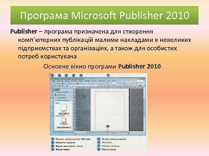 Програма Microsoft Publisher 2010 Publisher – програма призначена для створення комп’ютерних публікацій малими накладами