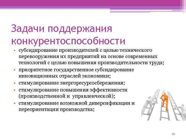 Задачи поддержания конкурентоспособности • субсидирование производителей с целью технического перевооружения их предприятий на основе