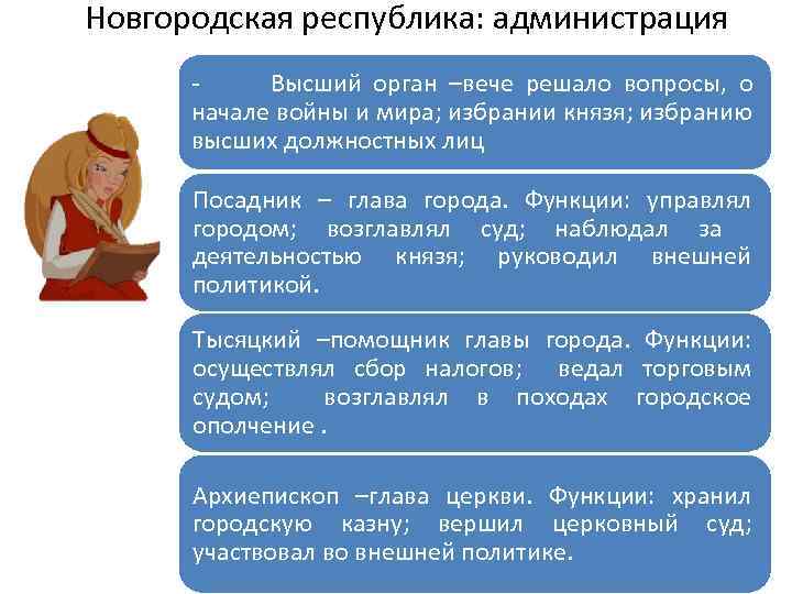 Новгородская республика: администрация - Высший орган –вече решало вопросы, о начале войны и мира;