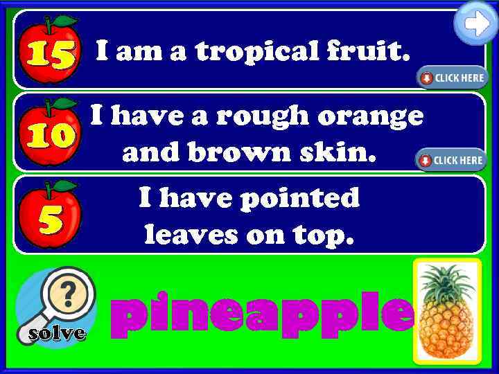 15 I am a tropical fruit. 10 I have a rough orange and brown