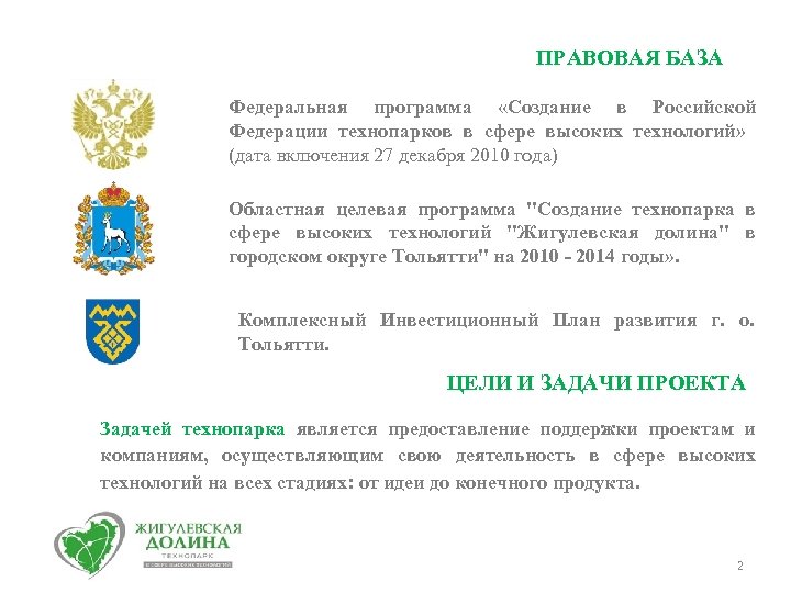 ПРАВОВАЯ БАЗА Федеральная программа «Создание в Российской Федерации технопарков в сфере высоких технологий» (дата