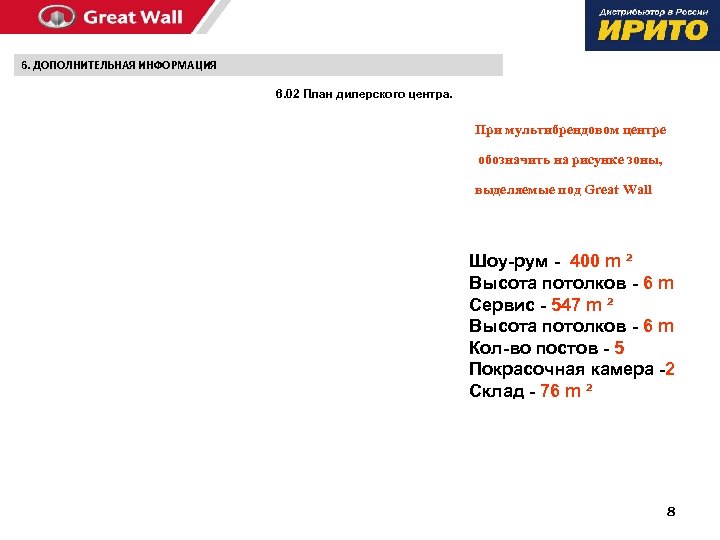 6. ДОПОЛНИТЕЛЬНАЯ ИНФОРМАЦИЯ 6. 02 План дилерского центра. При мультибрендовом центре обозначить на рисунке