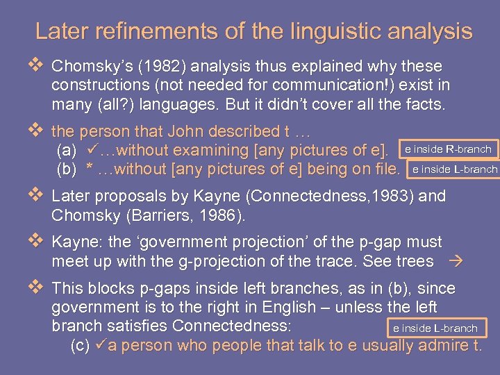 Later refinements of the linguistic analysis v Chomsky’s (1982) analysis thus explained why these