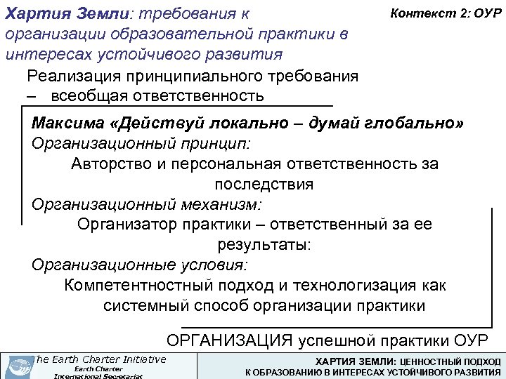 Хартия Земли: требования к организации образовательной практики в интересах устойчивого развития Реализация принципиального требования