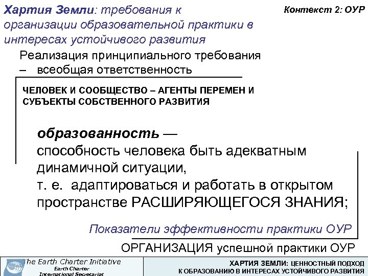 Хартия Земли: требования к организации образовательной практики в интересах устойчивого развития Реализация принципиального требования