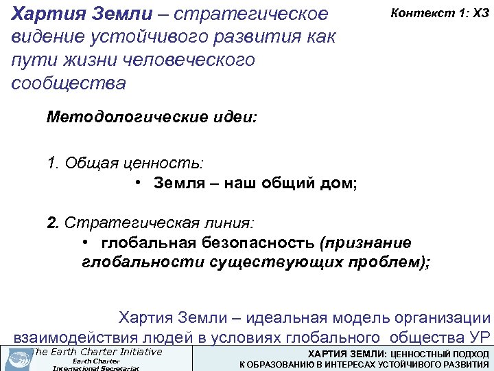 Хартия Земли – стратегическое видение устойчивого развития как пути жизни человеческого сообщества Контекст 1: