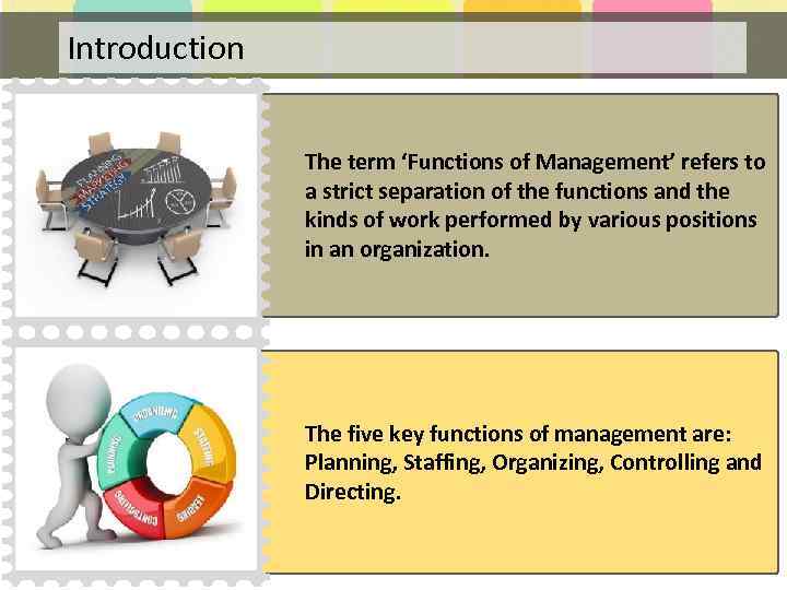 Introduction The term ‘Functions of Management’ refers to a strict separation of the functions