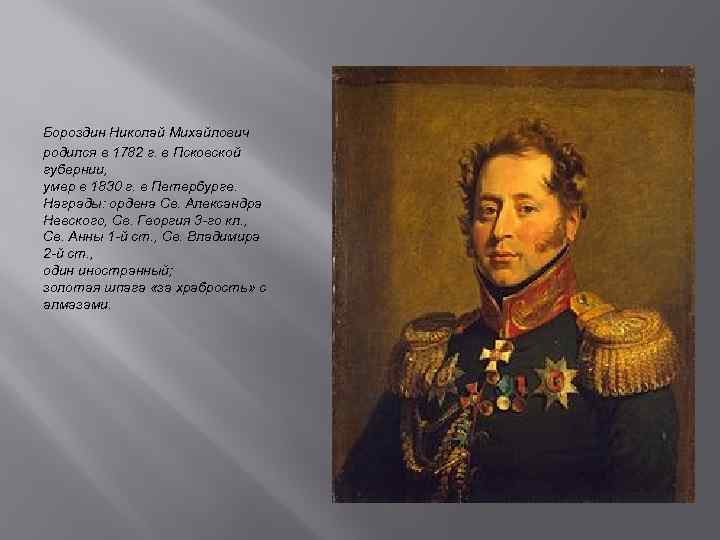 Бороздин Николай Михайлович родился в 1782 г. в Псковской губернии, умер в 1830 г.