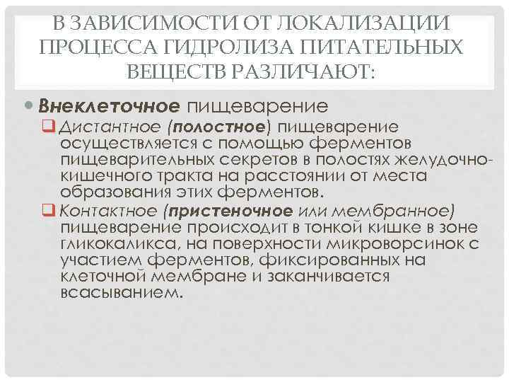 В ЗАВИСИМОСТИ ОТ ЛОКАЛИЗАЦИИ ПРОЦЕССА ГИДРОЛИЗА ПИТАТЕЛЬНЫХ ВЕЩЕСТВ РАЗЛИЧАЮТ: Внеклеточное пищеварение q Дистантное (полостное)