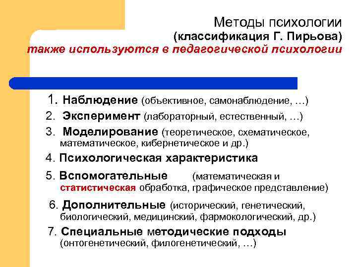 Методы психологии (классификация Г. Пирьова) также используются в педагогической психологии 1. Наблюдение (объективное, самонаблюдение,