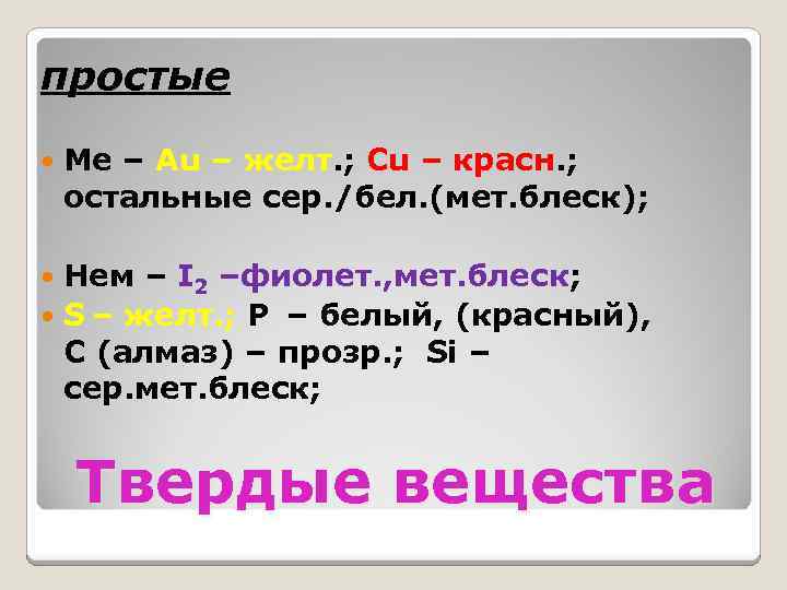 простые Ме – Au – желт. ; Cu – красн. ; остальные сер. /бел.