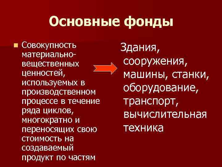 Основные фонды n Совокупность материальновещественных ценностей, используемых в производственном процессе в течение ряда циклов,