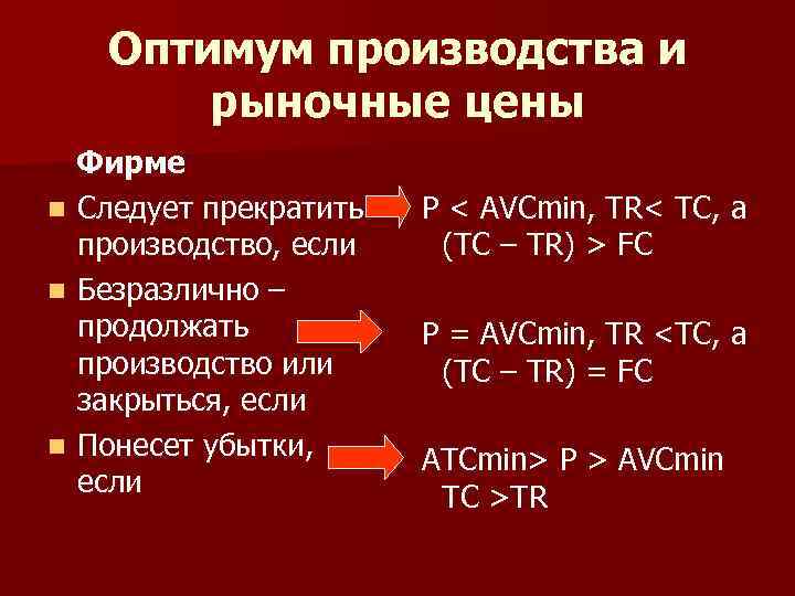 В каком случае фирма. Оптимум производства. Когда фирме следует прекратить производство. Прекращение производства формула. Когда фирма должна прекратить производство.