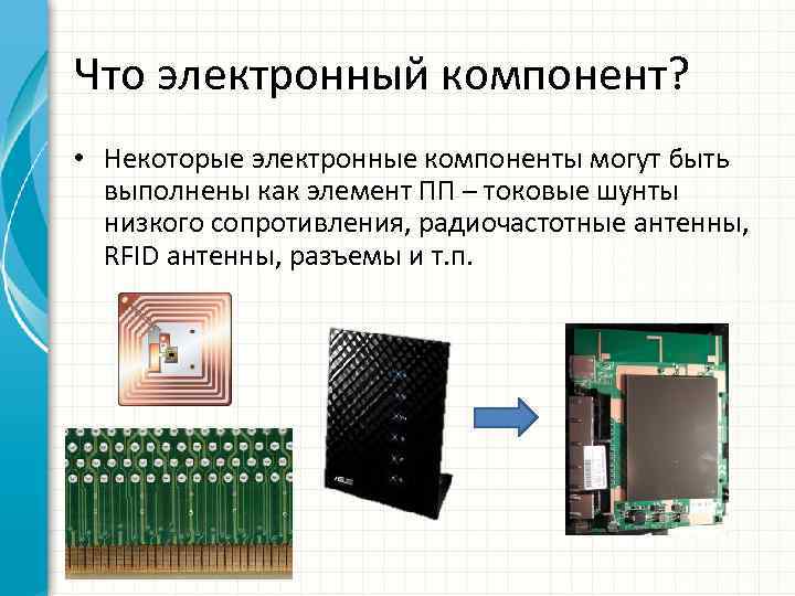 Что электронный компонент? • Некоторые электронные компоненты могут быть выполнены как элемент ПП –