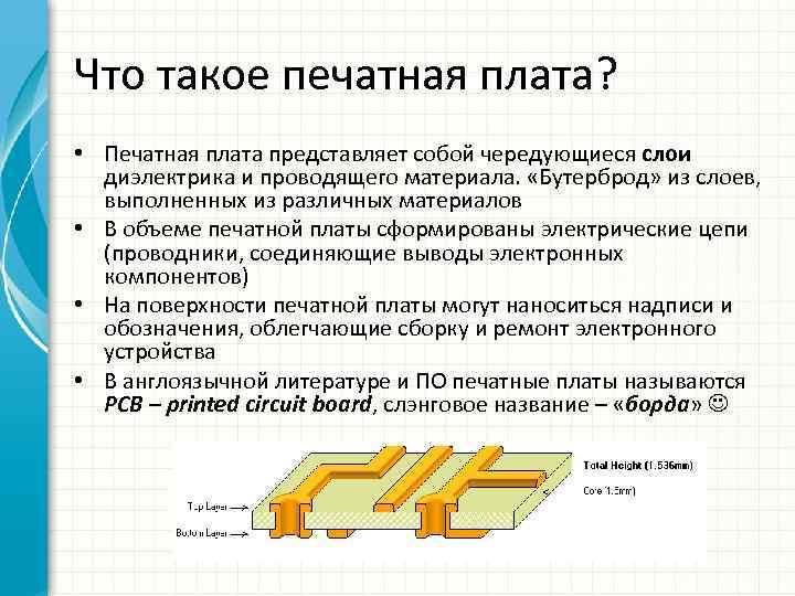 Что такое печатная плата? • Печатная плата представляет собой чередующиеся слои диэлектрика и проводящего