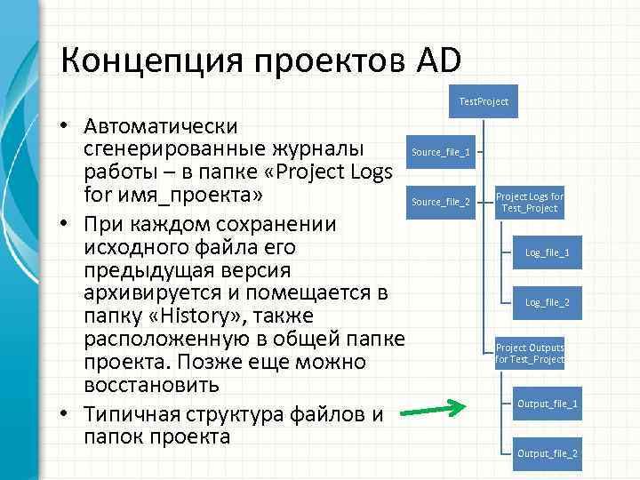 Концепция проектов AD Test. Project • Автоматически Source_file_1 сгенерированные журналы работы – в папке