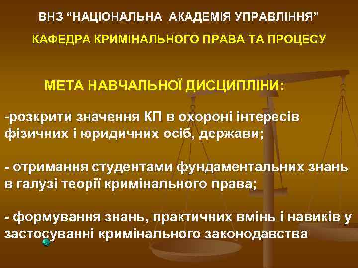 ВНЗ “НАЦІОНАЛЬНА АКАДЕМІЯ УПРАВЛІННЯ” КАФЕДРА КРИМІНАЛЬНОГО ПРАВА ТА ПРОЦЕСУ МЕТА НАВЧАЛЬНОЇ ДИСЦИПЛІНИ: -розкрити значення