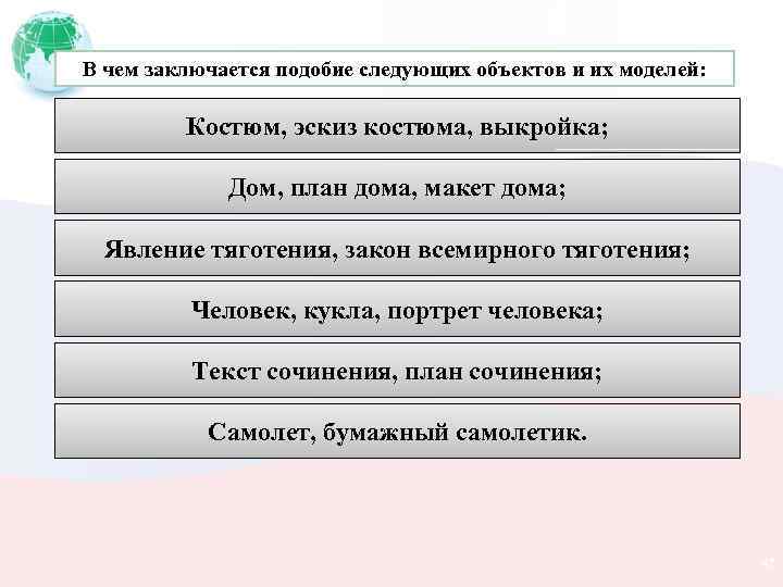 В чем заключается подобие следующих объектов и их моделей: Костюм, эскиз костюма, выкройка; Дом,