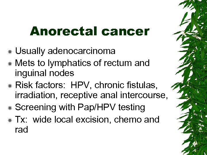 Anorectal cancer Usually adenocarcinoma Mets to lymphatics of rectum and inguinal nodes Risk factors: