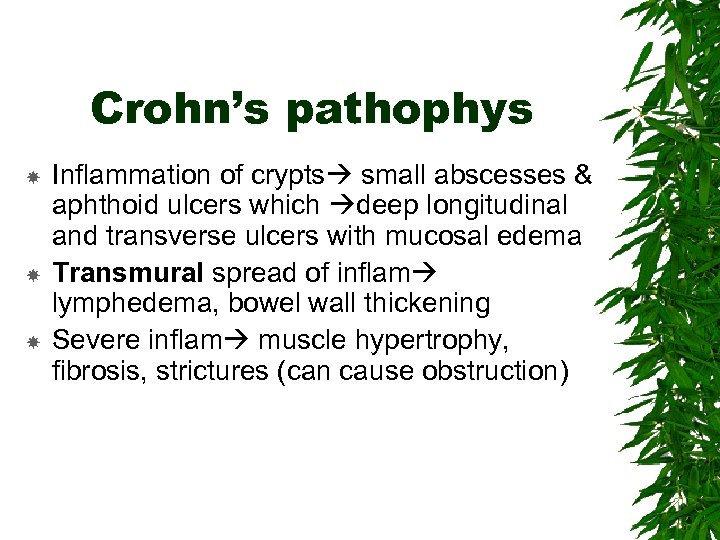 Crohn’s pathophys Inflammation of crypts small abscesses & aphthoid ulcers which deep longitudinal and