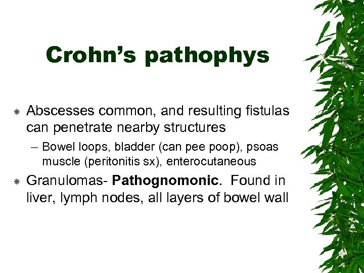 Crohn’s pathophys Abscesses common, and resulting fistulas can penetrate nearby structures – Bowel loops,