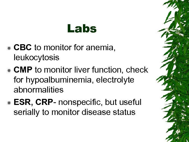 Labs CBC to monitor for anemia, leukocytosis CMP to monitor liver function, check for