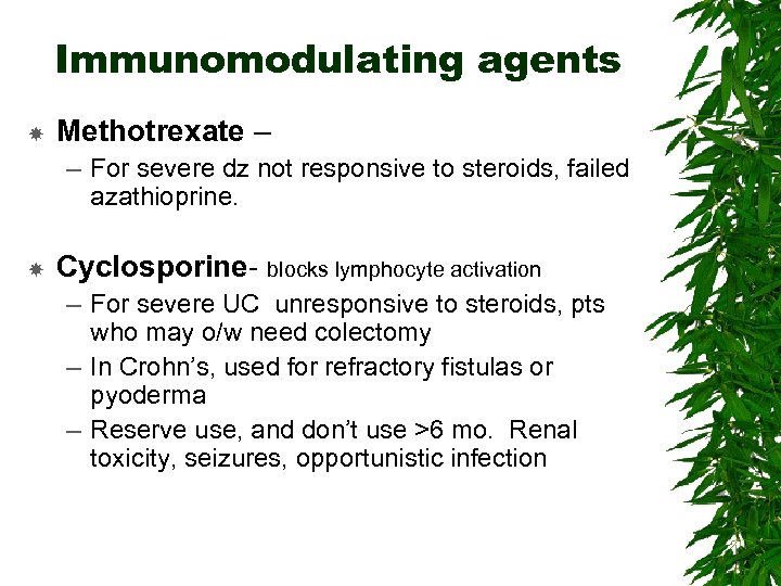 Immunomodulating agents Methotrexate – – For severe dz not responsive to steroids, failed azathioprine.