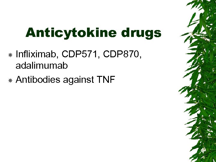 Anticytokine drugs Infliximab, CDP 571, CDP 870, adalimumab Antibodies against TNF 