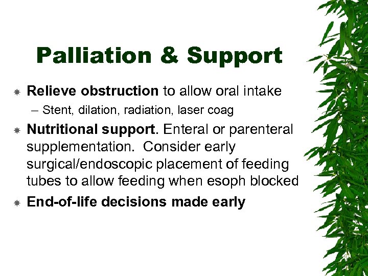 Palliation & Support Relieve obstruction to allow oral intake – Stent, dilation, radiation, laser