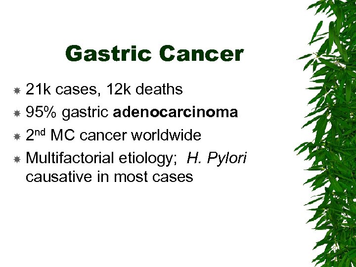 Gastric Cancer 21 k cases, 12 k deaths 95% gastric adenocarcinoma 2 nd MC