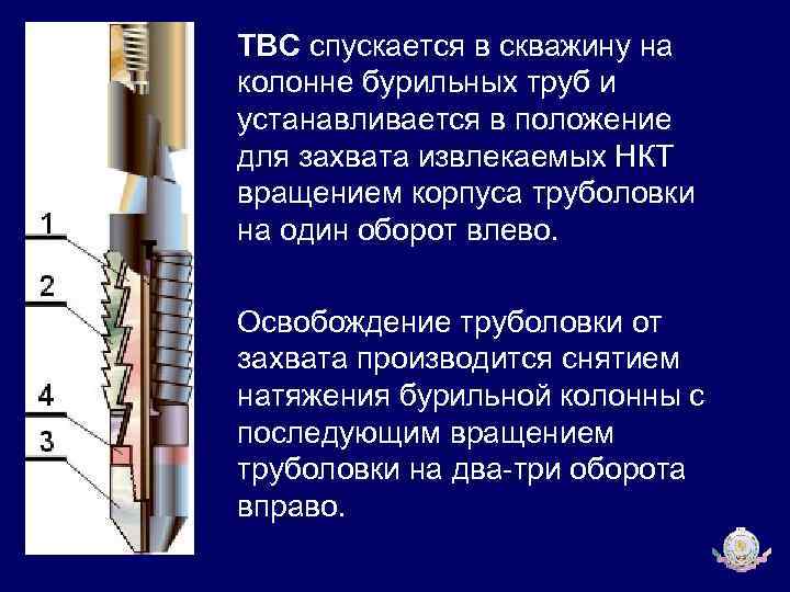 ТВС спускается в скважину на колонне бурильных труб и устанавливается в положение для захвата
