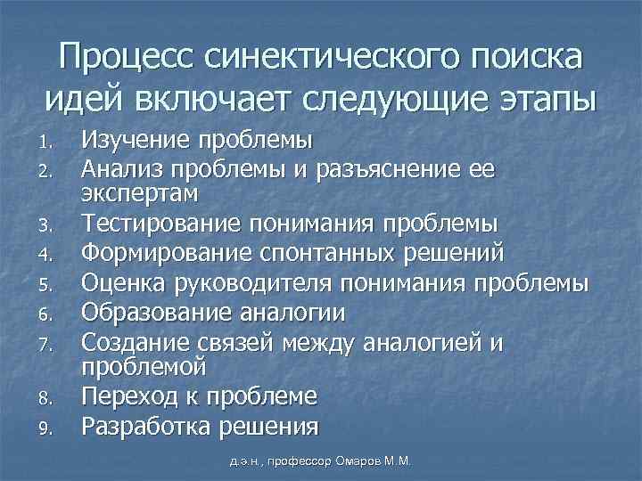 Процесс синектического поиска идей включает следующие этапы 1. 2. 3. 4. 5. 6. 7.