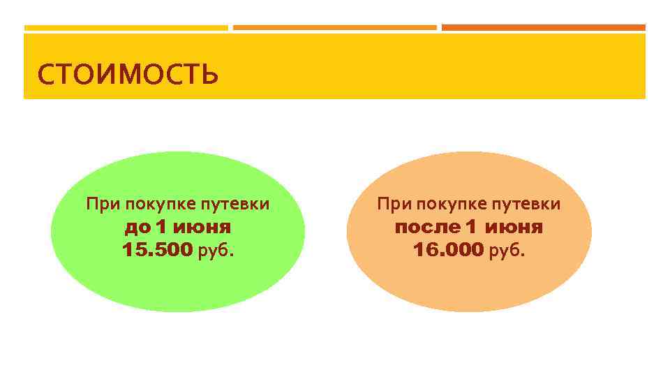 СТОИМОСТЬ При покупке путевки до 1 июня 15. 500 руб. При покупке путевки после