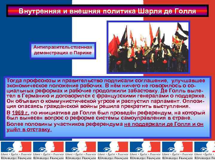 Внутренняя и внешняя политика Шарля де Голля Антиправительственная демонстрация в Париже Тогда профсоюзы и