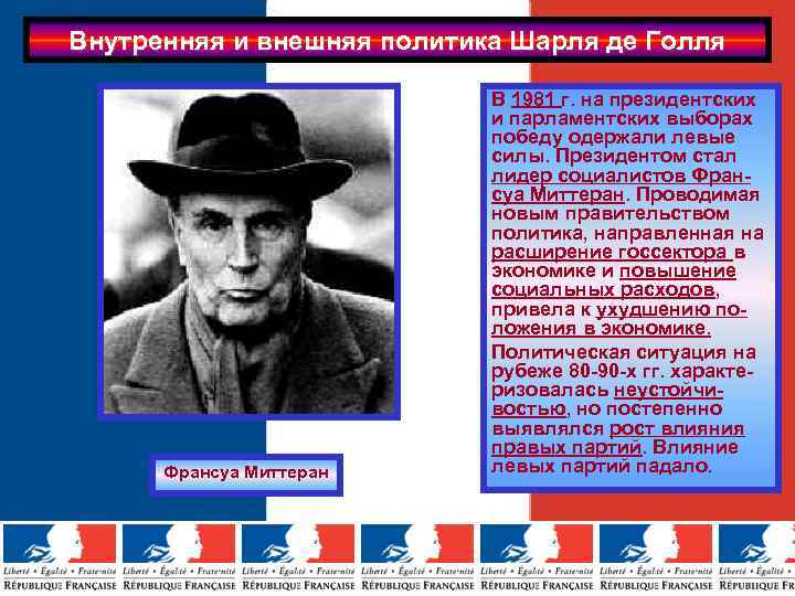 Внутренняя и внешняя политика Шарля де Голля Франсуа Миттеран В 1981 г. на президентских