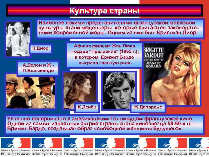 Культура страны Наиболее яркими представителями французской массовой культуры стали модельеры, которые считаются законодателями современной