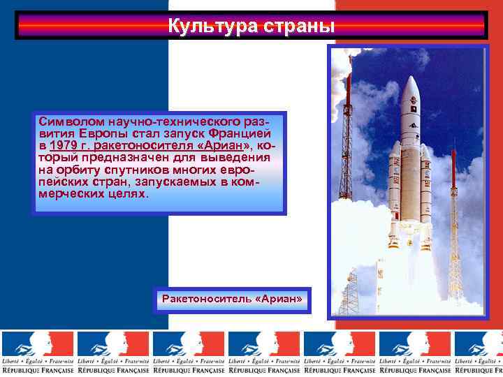 Культура страны Символом научно-технического развития Европы стал запуск Францией в 1979 г. ракетоносителя «Ариан»