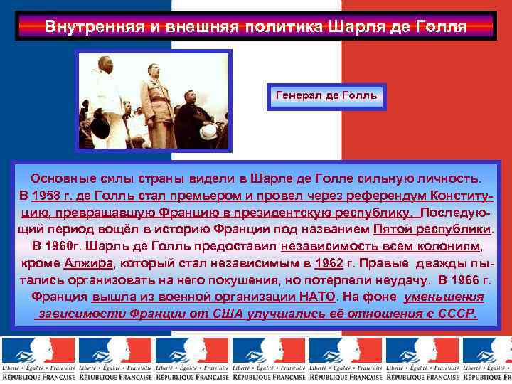 Внутренняя и внешняя политика Шарля де Голля Генерал де Голль Основные силы страны видели