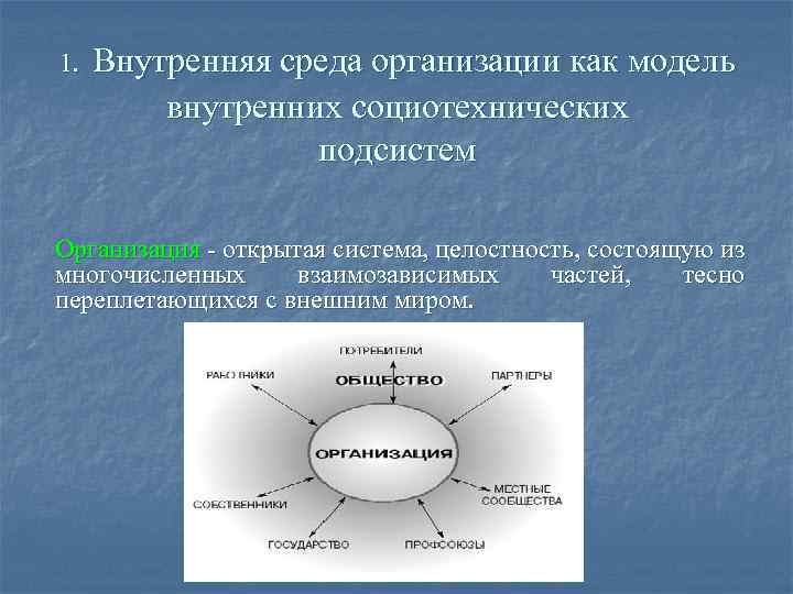 1. Внутренняя среда организации как модель внутренних социотехнических подсистем Организация - открытая система, целостность,