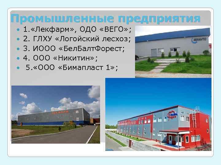 Промышленные предприятия 1. «Лекфарм» , ОДО «ВЕГО» ; 2. ГЛХУ «Логойский лесхоз; 3. ИООО