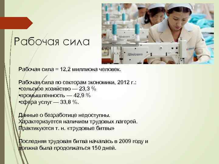Рабочая сила = 12, 2 миллиона человек. Рабочая сила по секторам экономики, 2012 г.